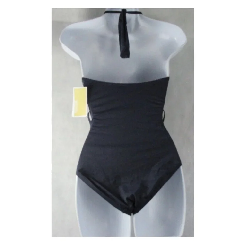 Michael Kors Women's Belted Surplice Halter One-Piece Swimsuit, Navy Blue, 6